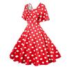 Women Evening Dress Retro Color Matching Dot Print A-line V Neck Big Swing Short Ruffle Sleeves Tight High Waist Back Zipper Party Prom Midi Dress