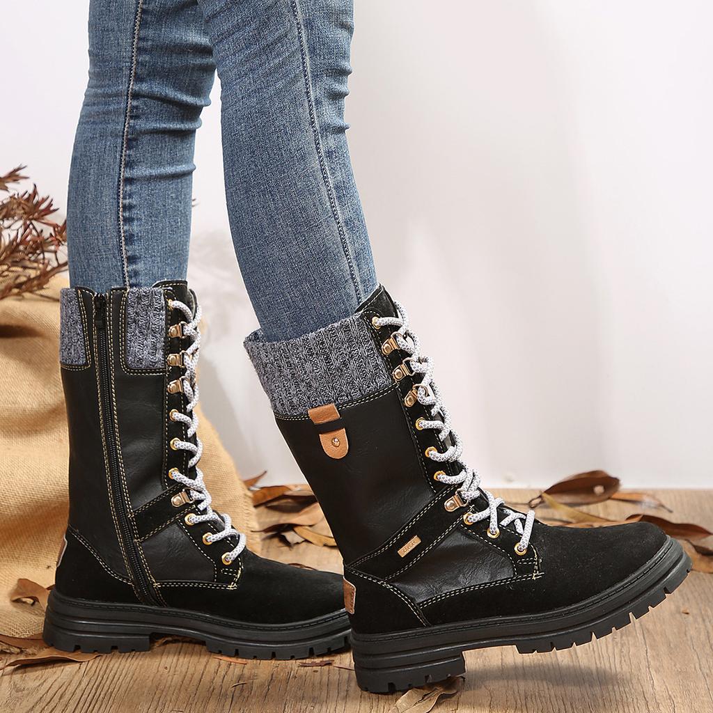 Women's Ankle Booties Winter Lace Up Elastic Mid Calf Military Combat Boots With Zipper Chunky Platform Lug Sole Booties for Women Fall Winter Shoes