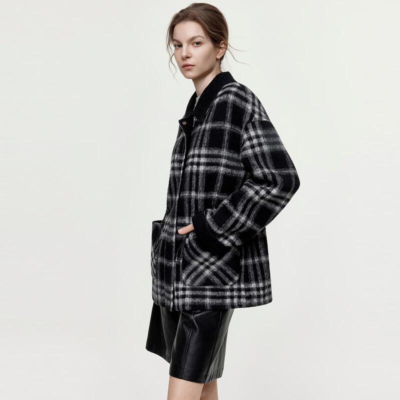 ELLE Retro Plaid Wool Blend Double-Faced Short Coat