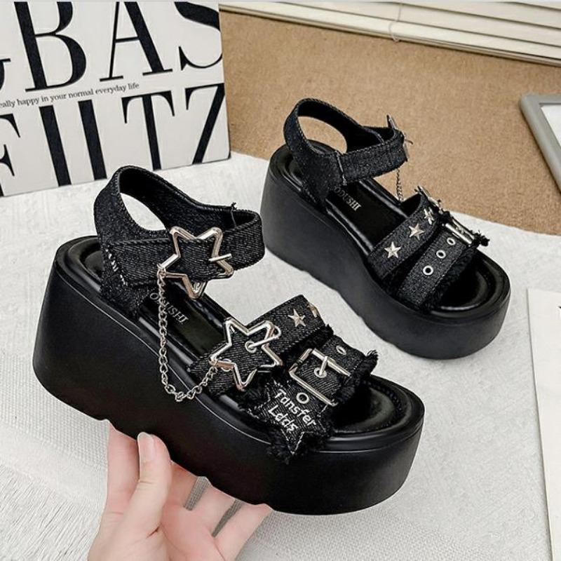 Fashion 9CM Punk Gothic Platform Canvas Shoes Open Toe Buckle Strappy Summer Sexy Rivets Thick Heels Footwear Gladiator Sandals Women