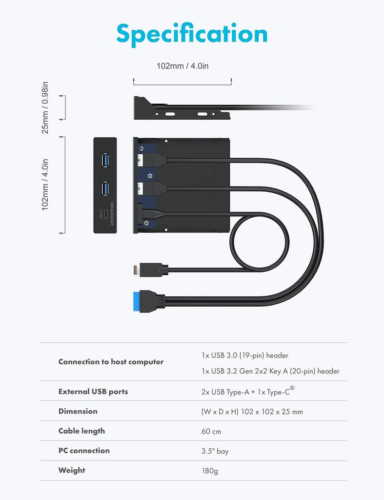 GRAUGEAR Bay Compatible PC Panel 3 Port Hub 20Gbps USB Gen2x2 Port for USB Computers Fits Front Bracket of Computer Chassis 3.5'' Multi-Front 3.2