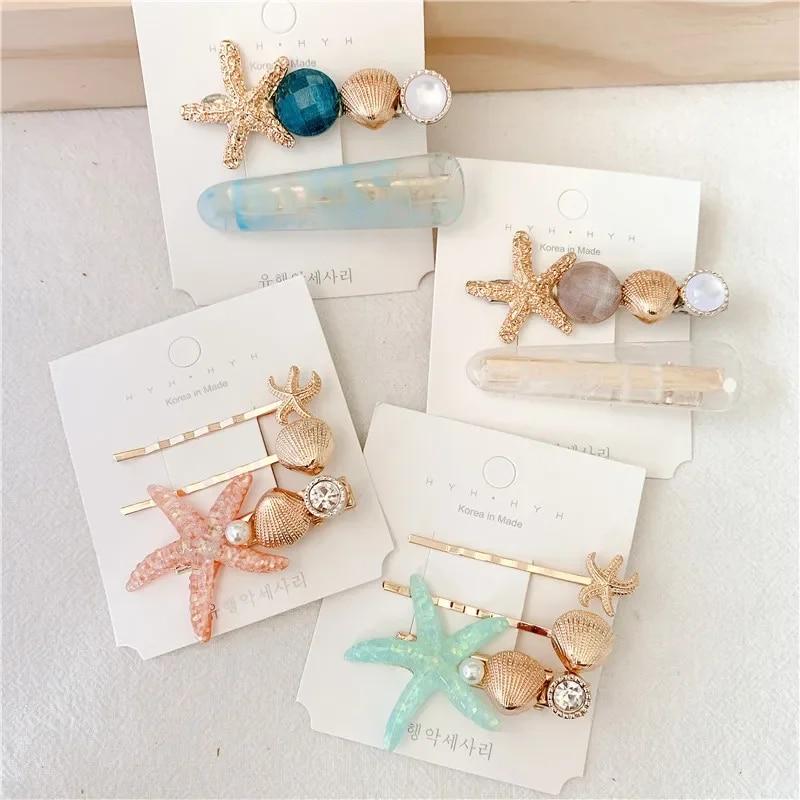 INS Sea Star Acrylic Hair Clips For Women Girls Shell Pearl Metal Barrettes Hairpins Sweet Beach Headwear Hair Accessories