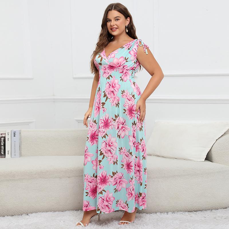 Летнее женское платье с бретелькой на шее, платья больших размеров с эластичной резинкой на талии, длинные платья с принтом на шее