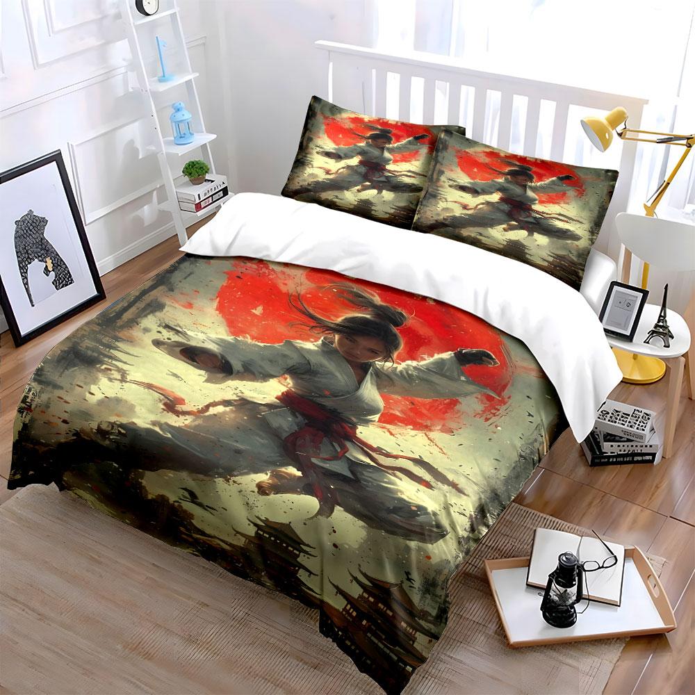 Martial artist, red sun. Bedding sets Duvet cover sets Duvet covers Pillowcases(1 * Duvet Cover 2 * Pillowcases without duvet insert)