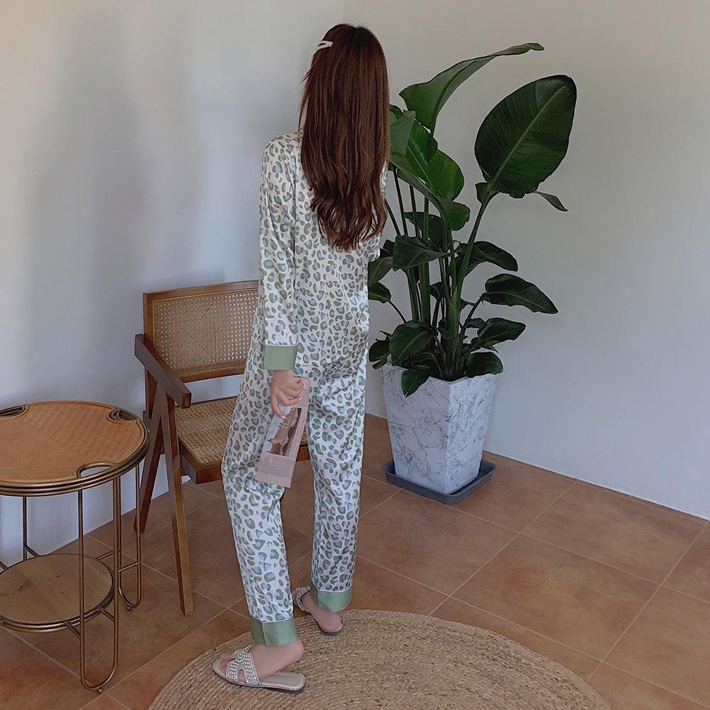 Женский пижамный комплект из шелка с зеленым леопардовым принтом - Длинный рукав и брюки - Легкий сатин для осени и весны