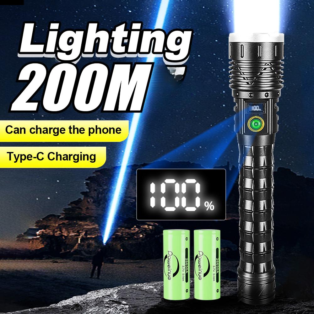 Сверхмощный светодиодный фонарик 100000 люмен Сверхмощный уличный аккумуляторный ручной фонарь 5 режимов Зарядка Type-C Освещение 2000 м