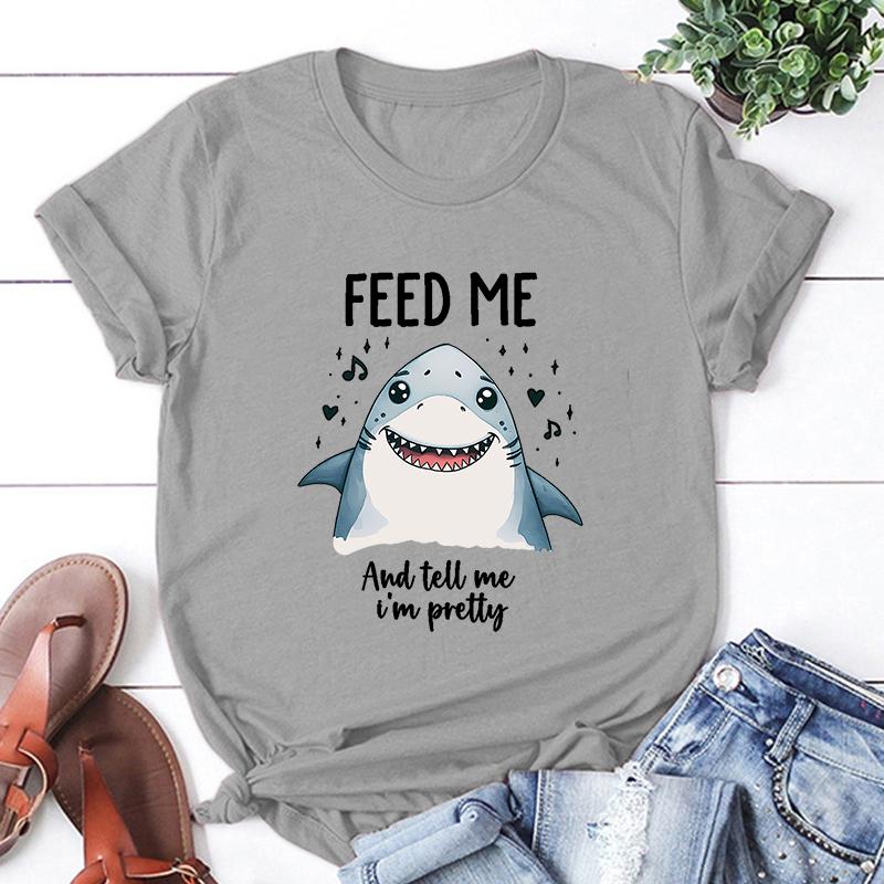 Hot Shark Feed Me And Tell Me I'M Pretty Print Unisex T-Shirt Loose Short Sleeve Harajuku Casual Tops Women T-Shirt