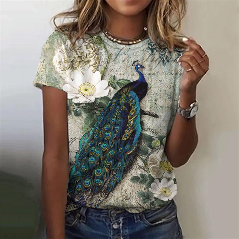 Красивая футболка с узором павлина для женщин, цветочные футболки с 3D-принтом, модные свободные футболки с короткими рукавами и круглым вырезом