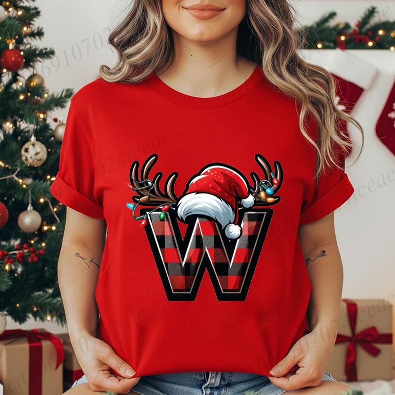 Christmas Alphabet Printed TShirt for Unisex Unisex Fashion Trendy Funny Casual Tops Santa Hat Reindeer Graphic Tshirt T Shirt