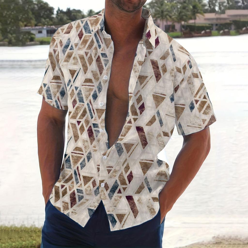 Men's Summer New Loose Print Short Sleeve Shirt Cardigan Beach Shirt