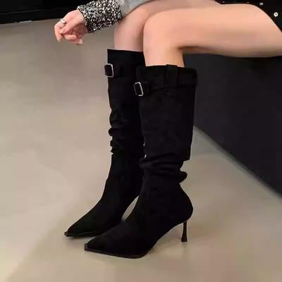 Модные женские осенне-зимние ботфорты на высоком каблуке-шпильке с острым носком, новинка 2025 года