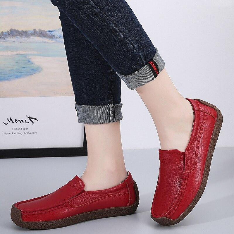 Нескользящие туфли на плоской подошве для женщин, мягкие повседневные женские туфли из натуральной кожи, легкие женские мокасины без застежек, большие размеры