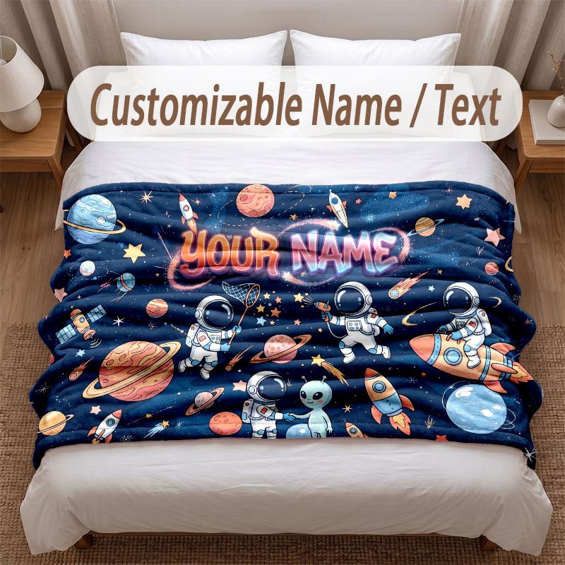 Astronaut Space Theme Soft Blanket Personalized Custom Name Text Print Warm Blanket Home Sofa Bedroom Decor