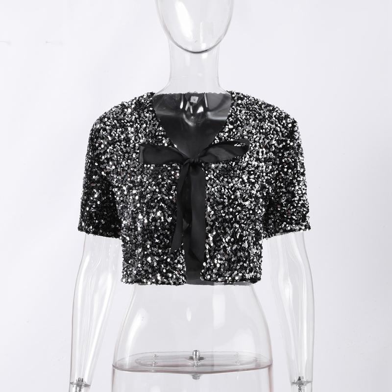 Женская рубашка с короткими рукавами и V-образным вырезом, бантом, шнуровкой, пайетками, милые однотонные блузки, весна-лето 2025 года