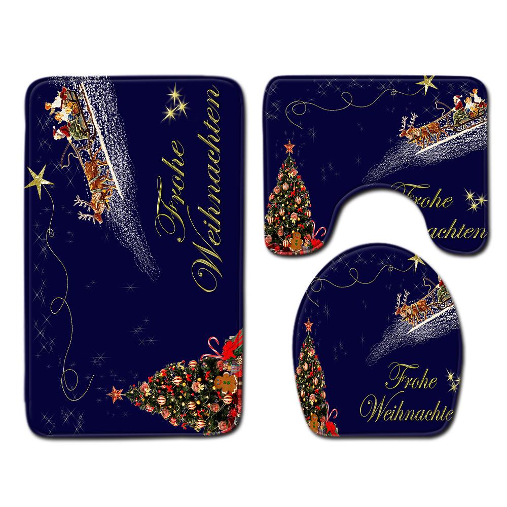 Christmas Shower Curtain Floor Mat Combination Four-Piece Set Bathroom Toilet Carpet Shower Room Mat Foot Mat