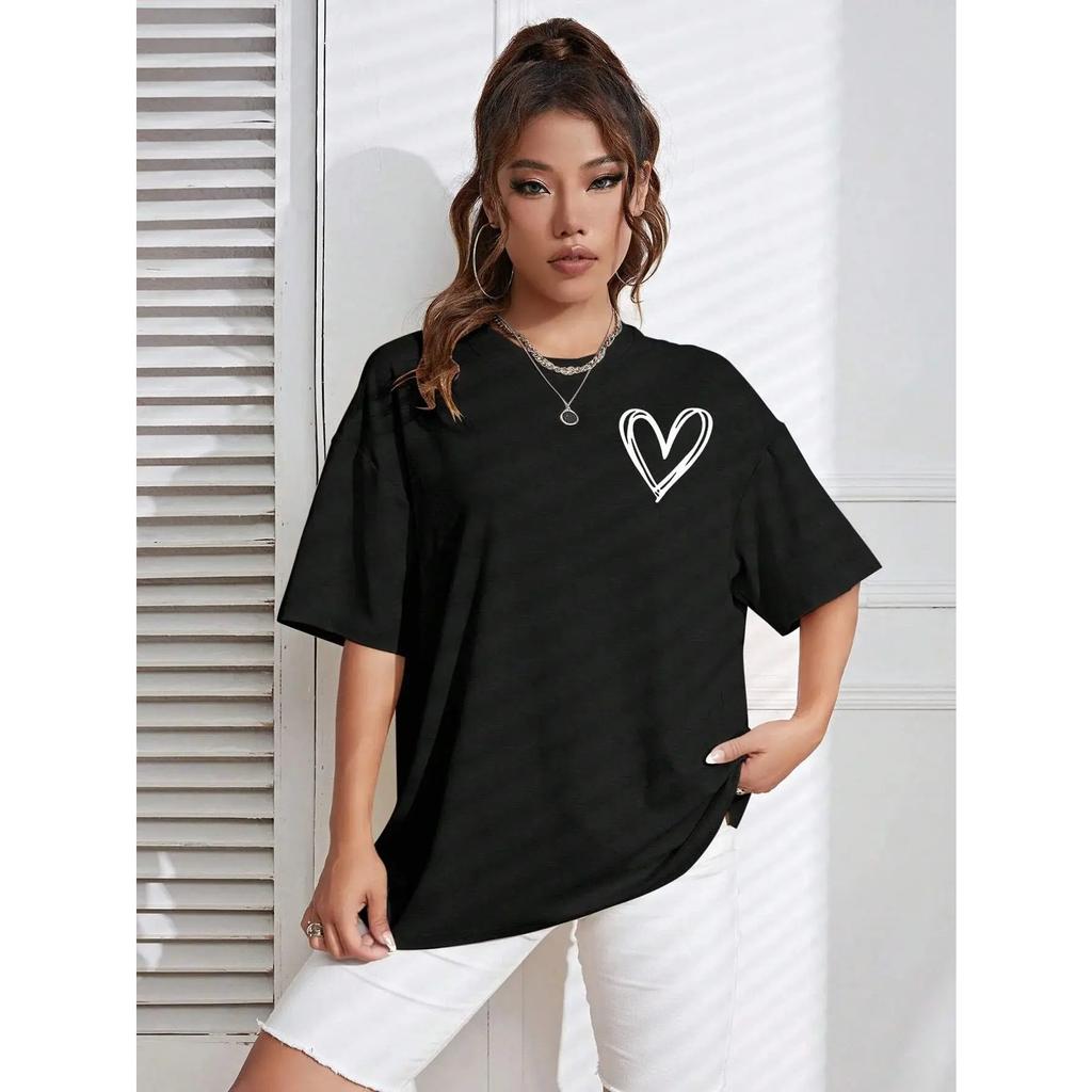 Spring Female Cotton T-Shirts Simple Heart Prints Graphic Tees Comfortable Personality Street Tops Fashion Woman Clothes