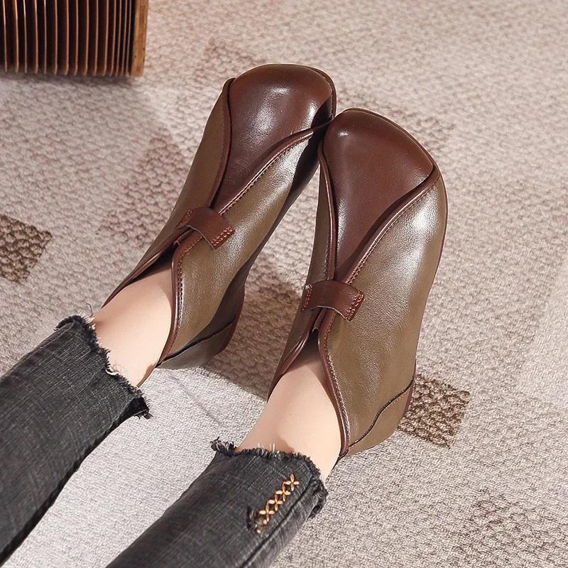 2024 Горячая Распродажа Новые Женские Короткие Кожаные Модные Зимние Ботильоны Толстая Подошва Ретро Высокие Каблуки Модные Ретро Кожаные Короткие Сапоги