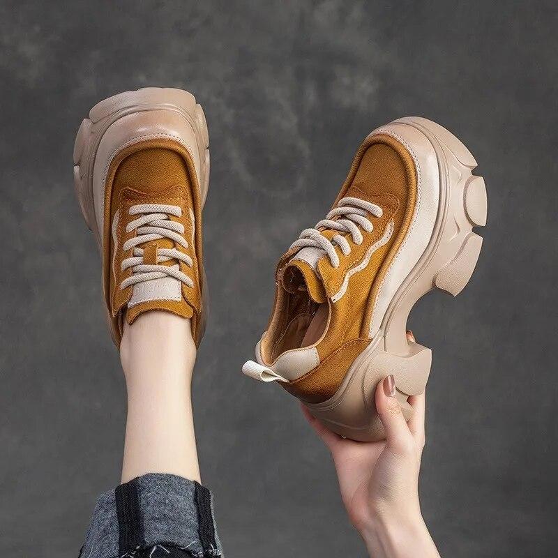 Johnature Туфли-лодочки для увеличения роста на толстой подошве, универсальные женские туфли на платформе в стиле ретро из натуральной кожи со шнуровкой