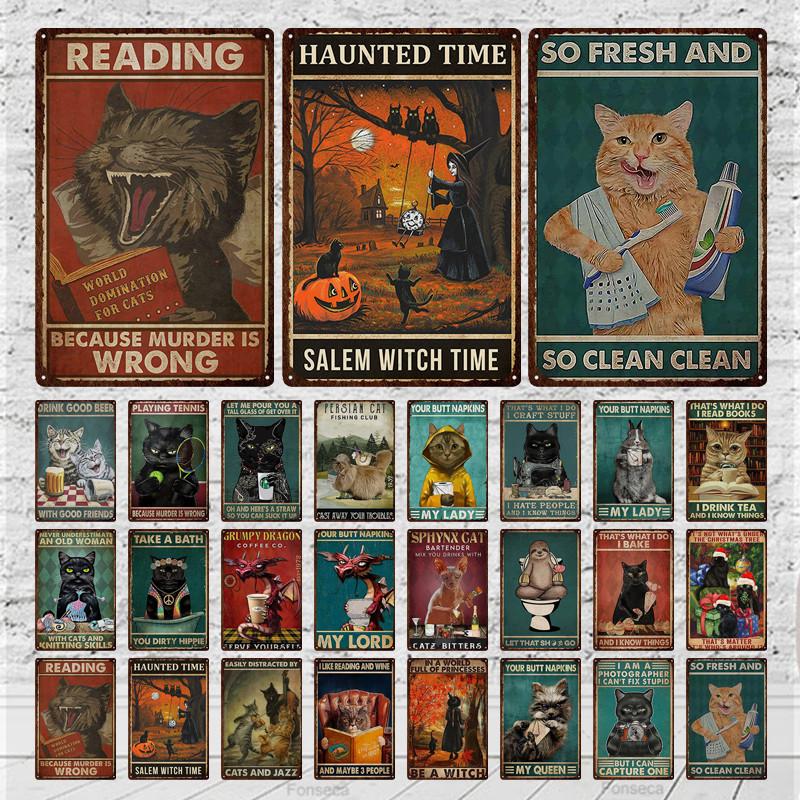 Вывеска с изображением кошек, расписная металлическая вывеска для комнаты, декорированный бар, настенный постер, жестяная банка, винтажное ощущение ржавчины, напиток, железная тарелка, украшение для отеля с пивом
