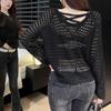 Backless Design Round Neck Grid Hollow Thin Long-sleeved Knitted Sweater Women's Spring and Summer Simple and Thin Sunscreen Top