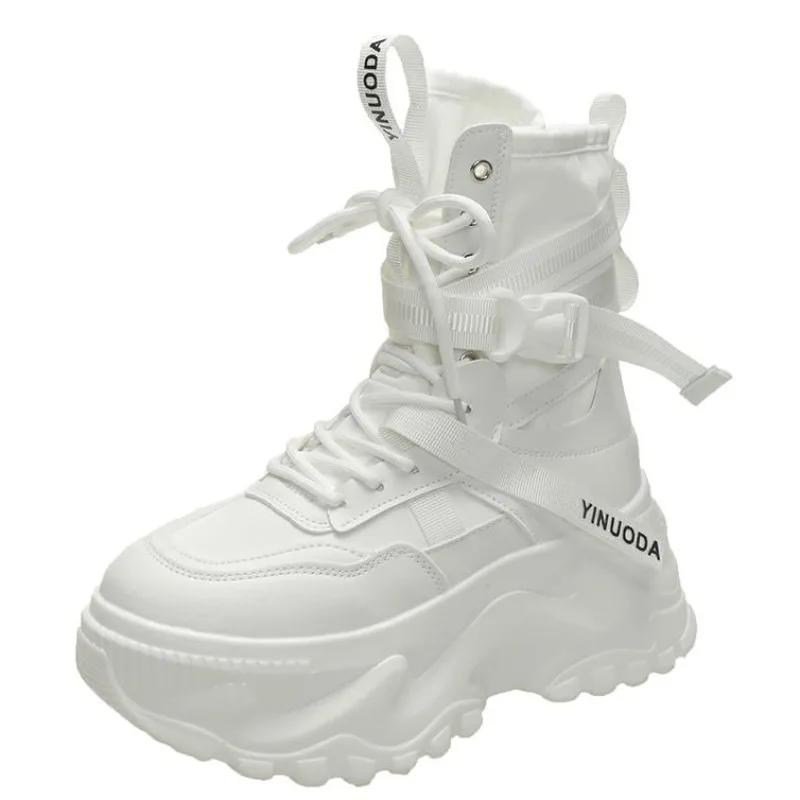 Модные модные женские толстые мотоциклетные ботинки на платформе, белые туфли на шнуровке с толстой подошвой, женские осенне-зимние ботильоны Botas De Mujer