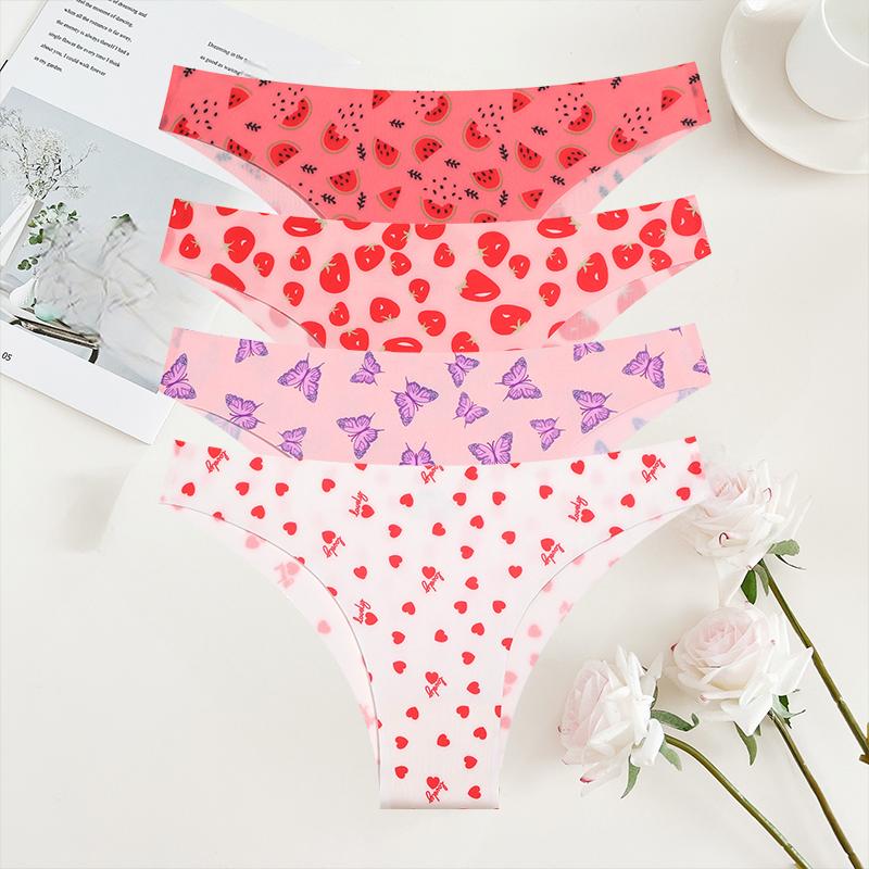 4Pcs/Set Seamless Colorful Brazilian Pants Lady Sexy Underwear Ice Silk Underpants Low Waist G-string Soft Thin Briefs