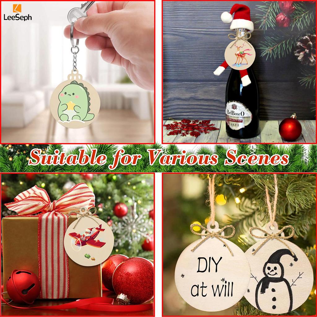 Wood Slices Set 3.5" Wooden DIY Christmas Ornaments Unfinished Predrilled Wood Circles with Twines Rope, Hanging Decorations