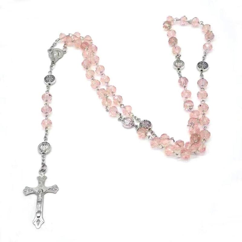 Catholic Necklace Rosary Crystal Beads Long Chain Cross Pendant Necklaces Christian Prayer Meditation Jewelry for Women