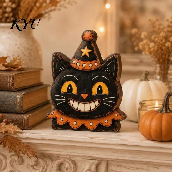 Cute Cartoon Tabletop Figures Vintage Halloween Double-Layer Wooden Decor, Spooky Character Wood Charming Retro Crafts Signs, Farmhouse Tiered