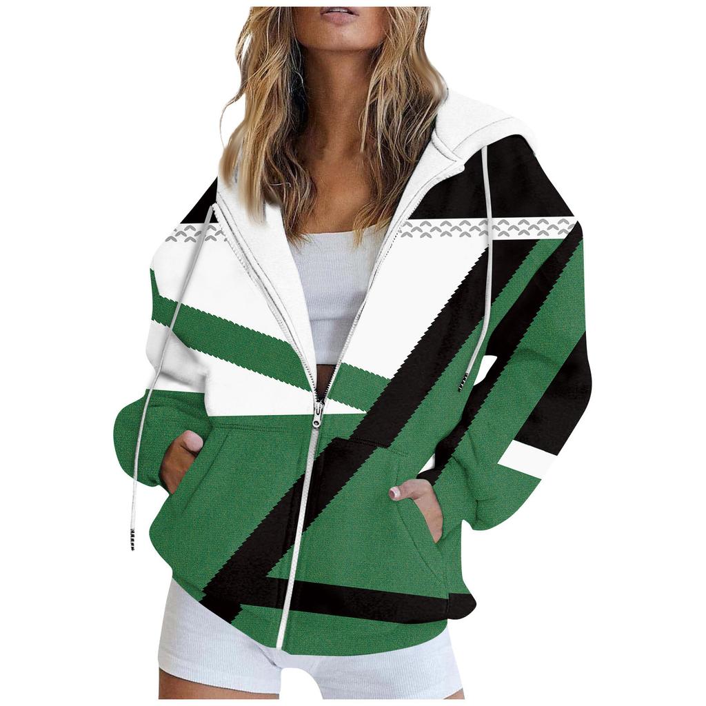 Women's Fashion Casual Printed Sweatshirt Autumn And Winter Long Sleeve Pocket Cardigan Jacket Zipper Hoodie Coat