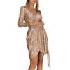Women Evening Neck Long Sleeve Tight Waist Shiny Sequin Belted Dress V Irregular Hem Solid Color Soft Breathable Pullover Elastic Above Knee