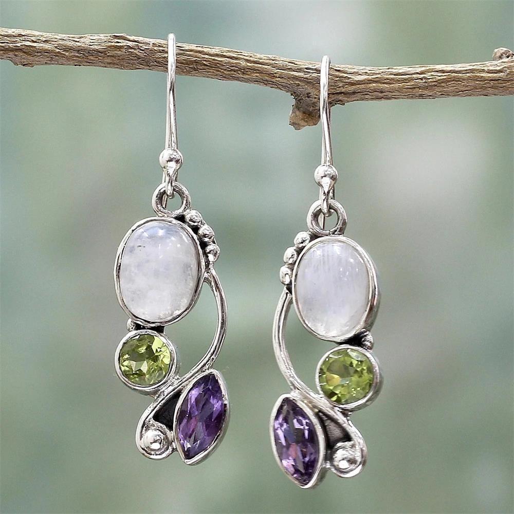 Charm gift Dangle Hook Multi-Gemstone Moonstone Earrings Amethyst Ear Stud Peridot