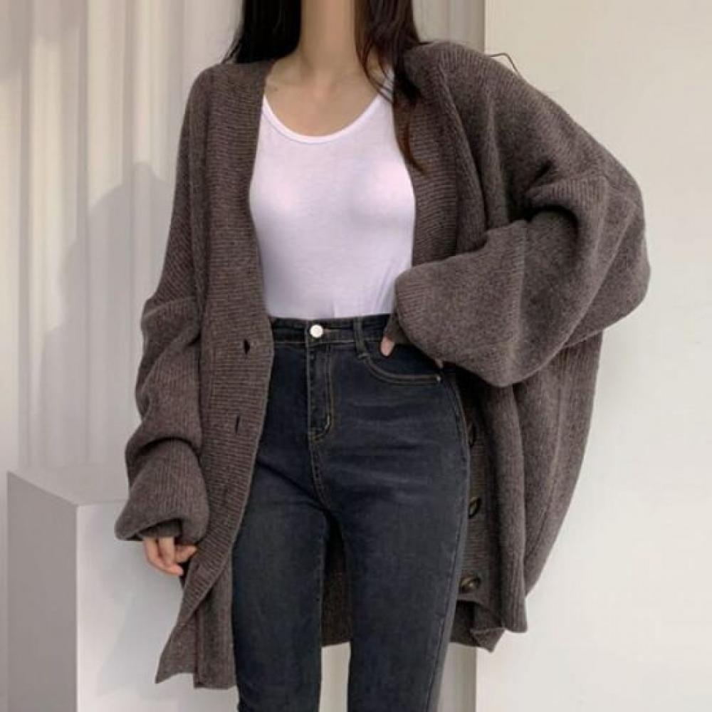 Navava Women Simple Daily Loose Fit Long Sleeve Knit Cardigan Nk2647