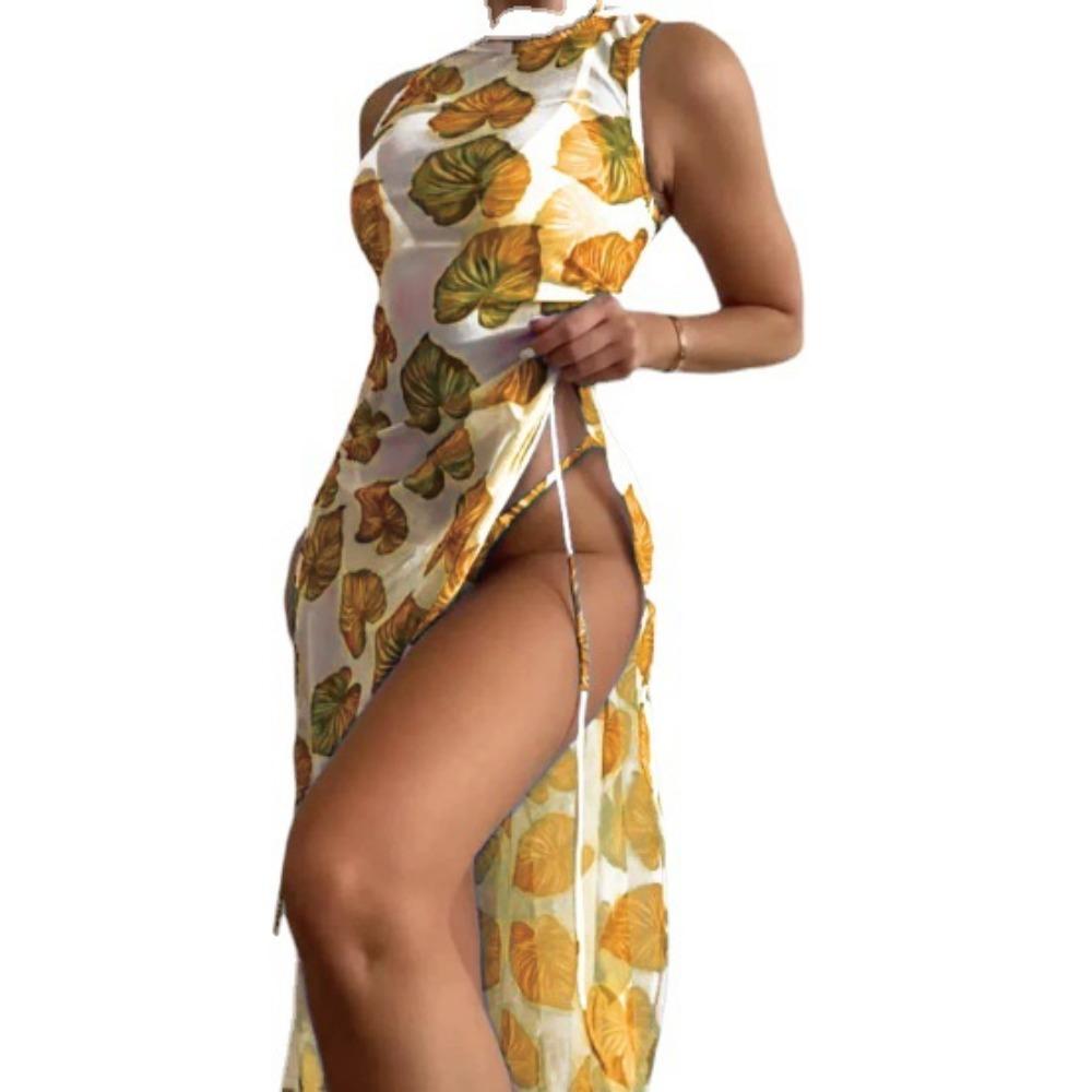 Сексуальный разделенный трехсекционный зеленый купальник бикини с цветочным принтом