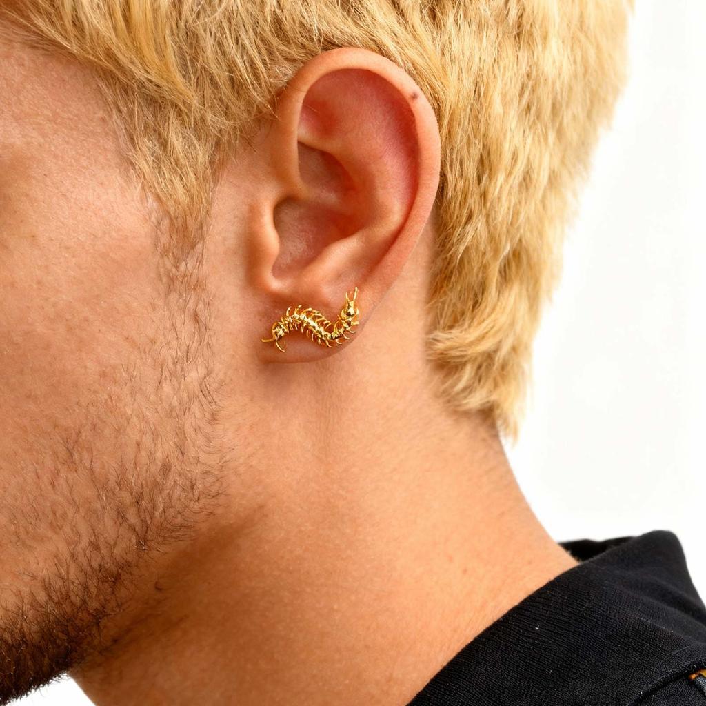 Unique Gothic Centipede Insect Shaped Stud Earrings, Gold Plated Metal Hypoallergenic Earrings, Waterproof Piercing Ear Jewelry