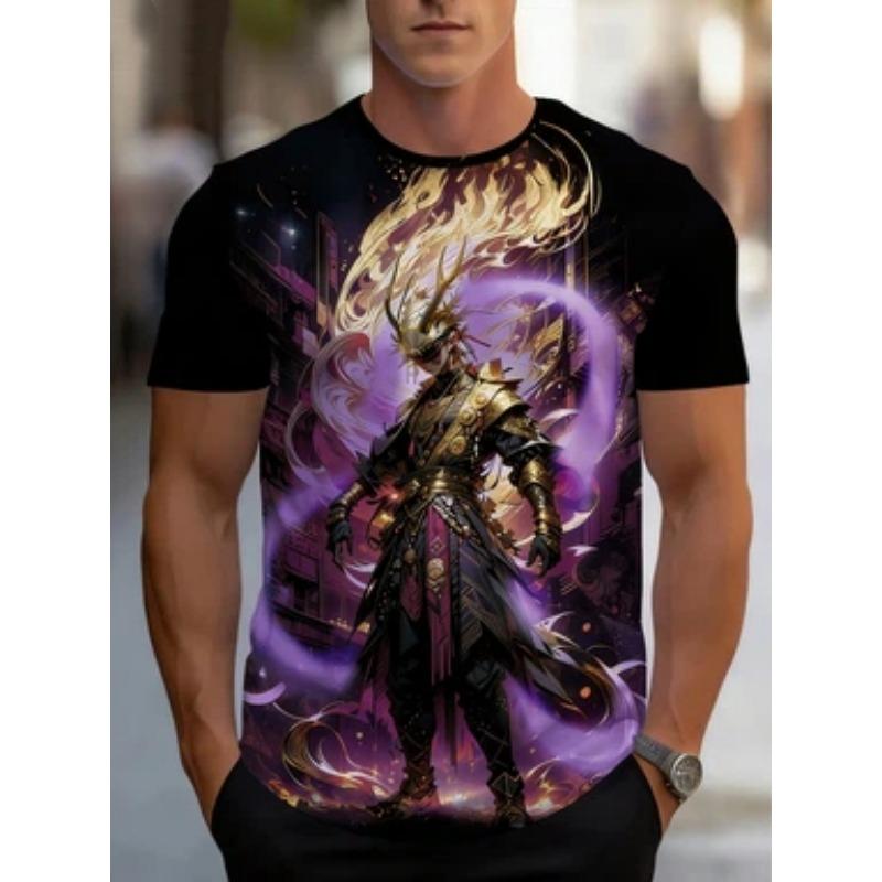 3D printed men's black short-sleeved T-shirt, fantasy warrior theme suitable for summer casual wear