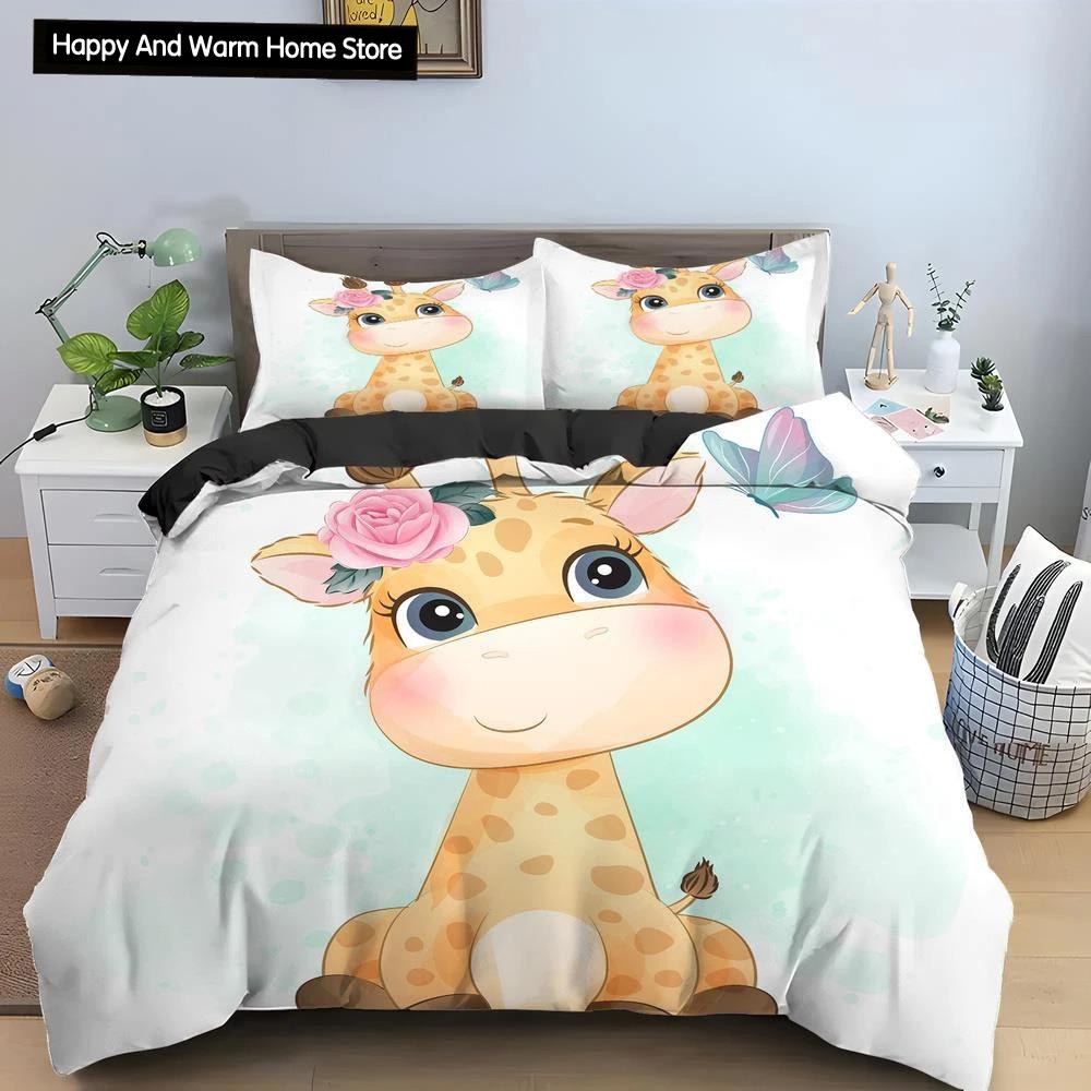 Cartoon Giraffe King Queen Duvet Cover Boys Girls Animal Bedding Set Wildlife Quilt Cover Polyester Comforter