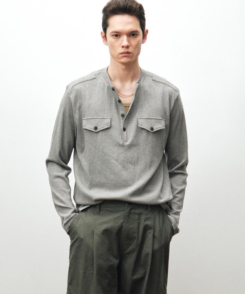NOIRER Ribbed Henley Neck Long Sleeve T-Shirt (Gray)