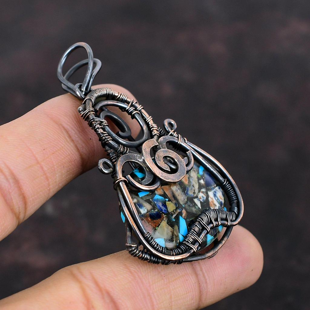 Медный кулон с мульти-бирюзой, кулон, обмотанный медной проволокой, оригинальный кулон с драгоценным камнем, украшения ручной работы, свадебный подарок, красивые медные украшения