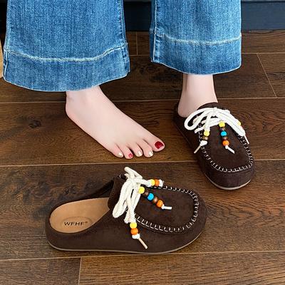 2025 новая мода повседневная сумка голова полуволоком женские толстая подошва верхняя одежда взрыв ленивая ниша этнический стиль шнуровка тапочки