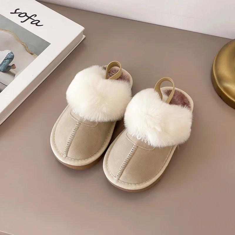 Children Cotton Shoes Elastic Band Kids Casual Slippers Solid Color Sewing Plush Warm Boys Girls Winter Slippers 2024 New