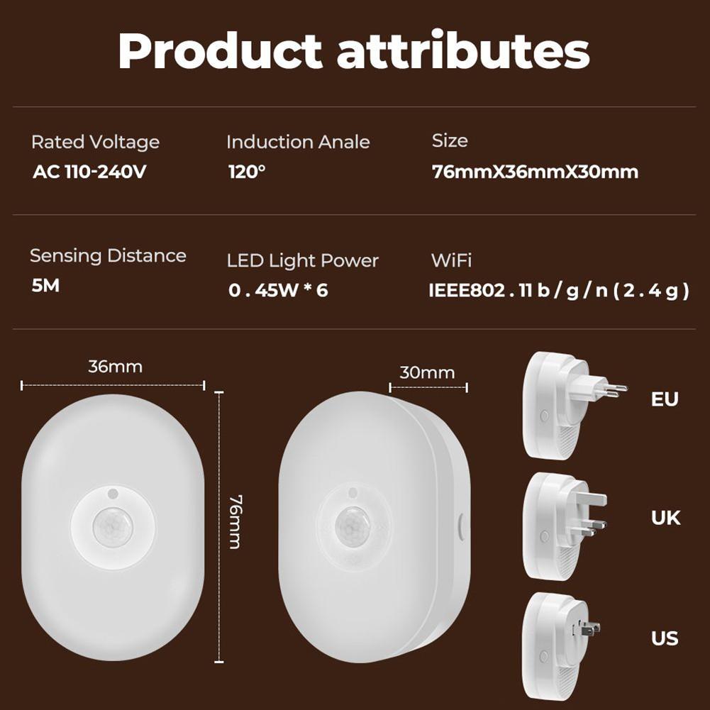 WiFi Smart LED Night Light PIR датчик движения Plug-in Wall Light Voice Control