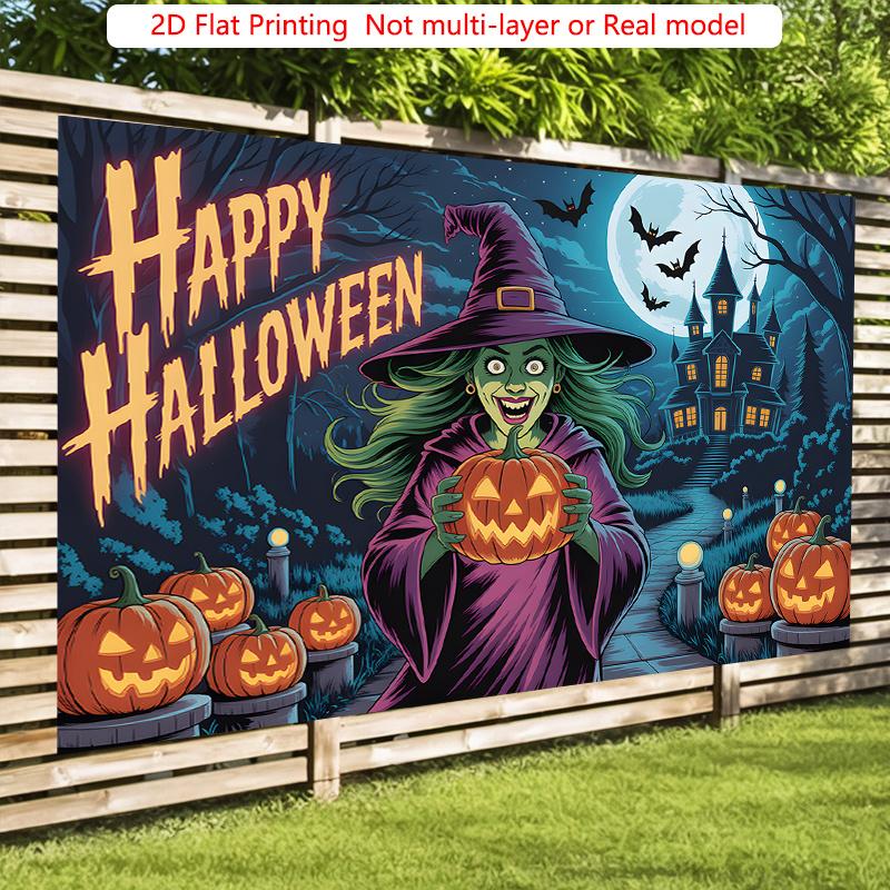 Witch Pumpkin Happy Halloween Party Banner, Multicolor Polyester Backdrop for Celebration & Photos