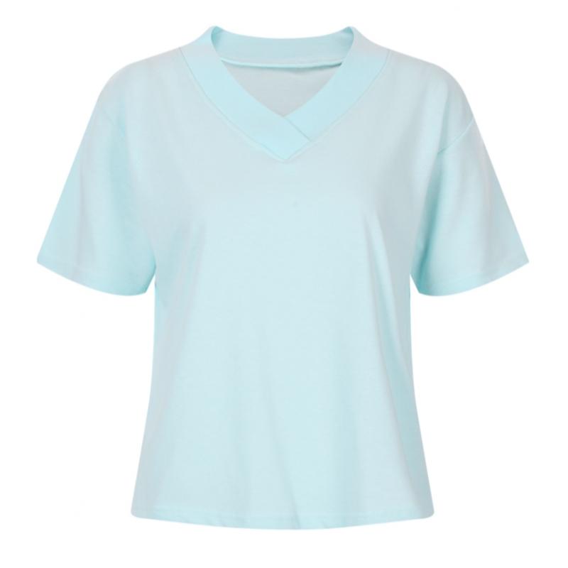 Shop Women Wide Layered V Neck Basic Solid ShorT sleeVe T shirT whiTe Dai Wsh