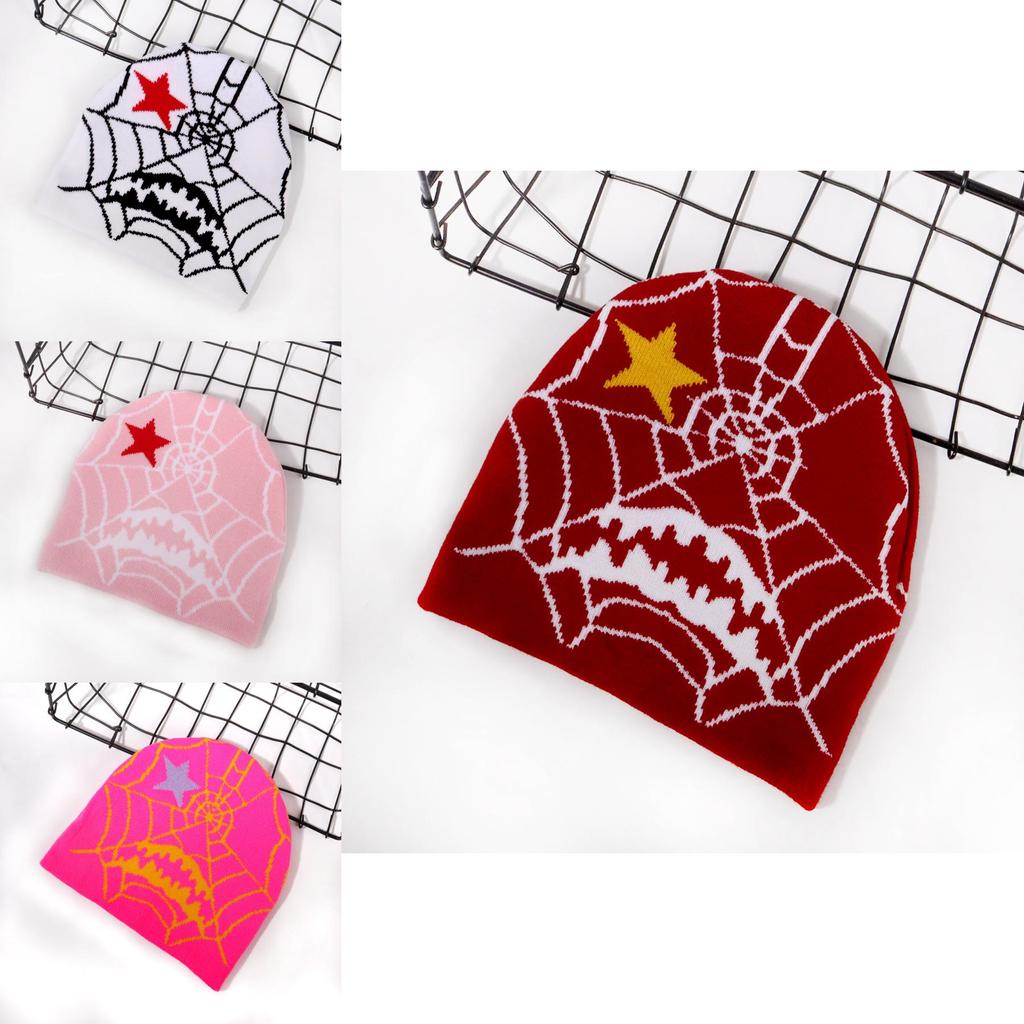 Gothic Style Knit Cap Featuring Spider Web Design For Casual Wear