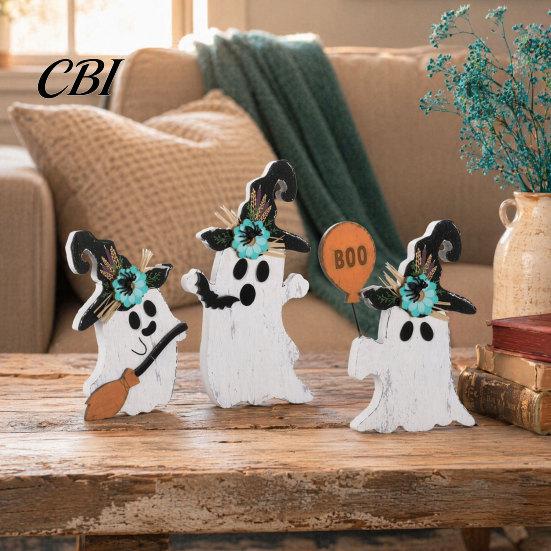 Halloween Mantel Decor 3Pcs Decoration, Black Cat Ghost Witch Hat Table Decor, Decorations Rustic Farmhouse Wooden Centerpieces for Home Office Tiered