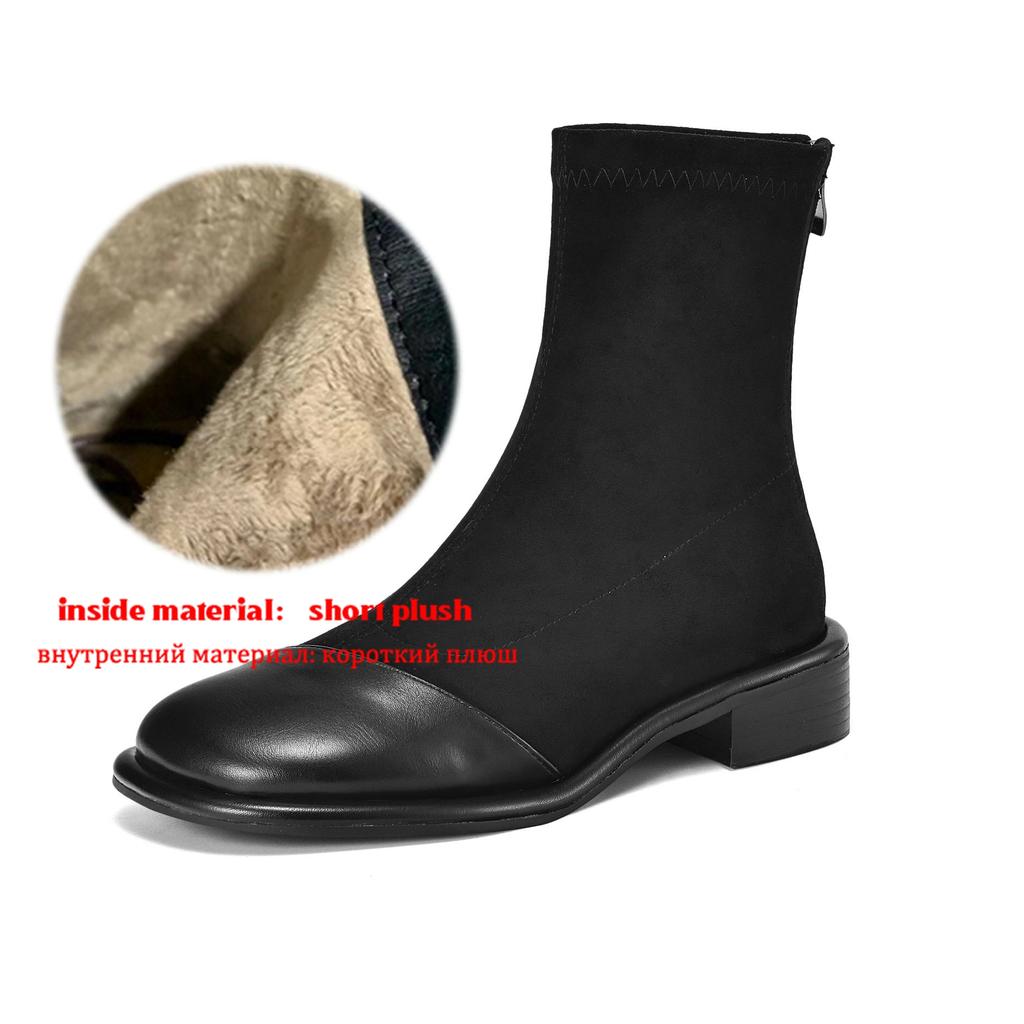 Krazing Pot Флок Осенне-зимняя обувь Низкий каблук Размер 43 Стрейч-сапоги Задняя вставка Прямой стиль Эластичные ботильоны