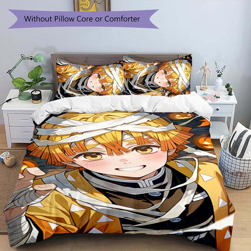 3pcs Nezuko Demon Slayer Agatsuma Zenitsu pattern bedding set duvet cover set includes duvet cover &pillowcases,perfect all season bedroom decoration&