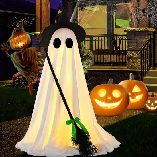 Yard Ghost Ornament Halloween Light-Up Decoration, Spooky Witch Hat with LED Decorative Wizard Light, Broom Decor for Outdoor Lawn Porch Holiday Party