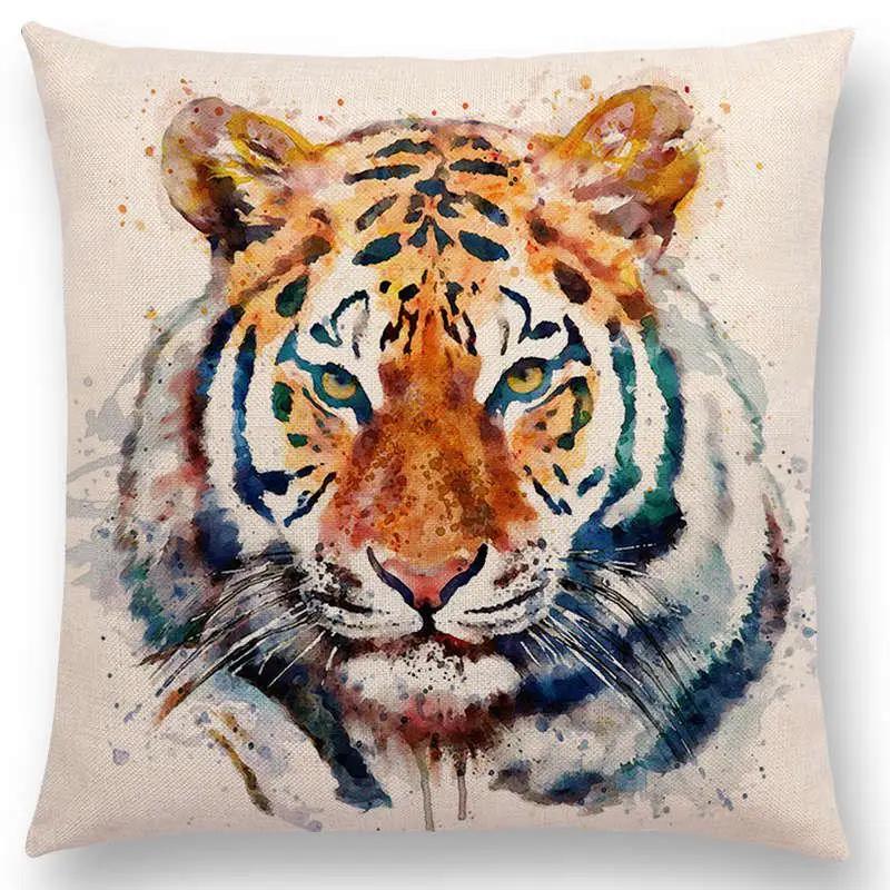 Watercolor Animals Cushion Cover Portrait Head Bighorn Lion Leopard Tiger Bear Eagle Horse Dogs Home Sofa Throw Pillow Case